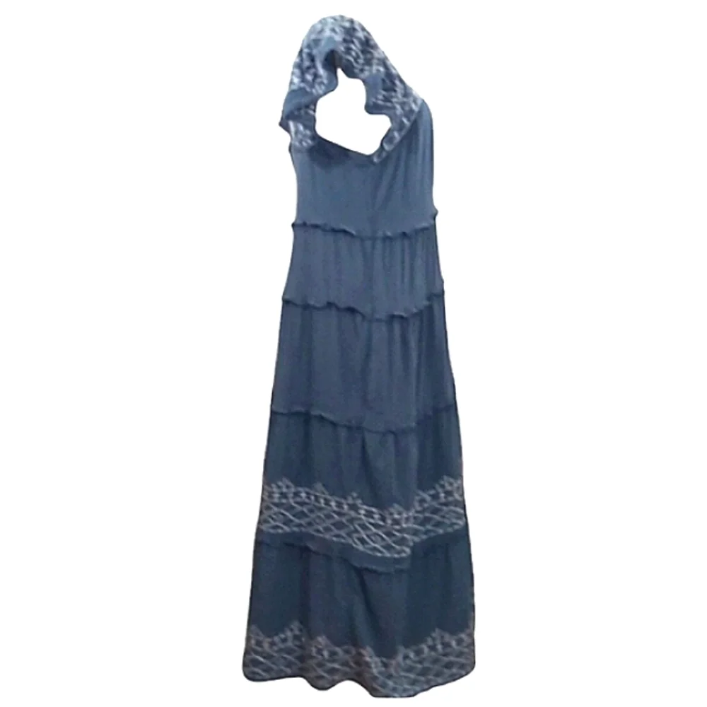 Knox Rose Blue Embroidered Tiered Midi Dress Flutter Sleeves & Pockets Small